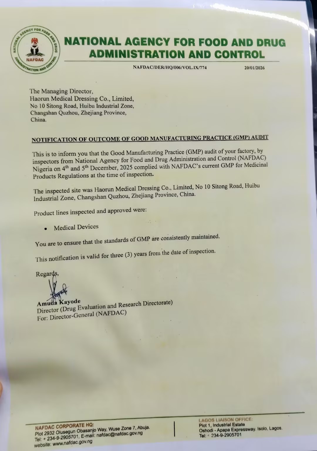 Haorun Tıbbi Ürünler Nijerya'da Resmi Olarak NAFDAC Kayıt Sertifikasını Aldı